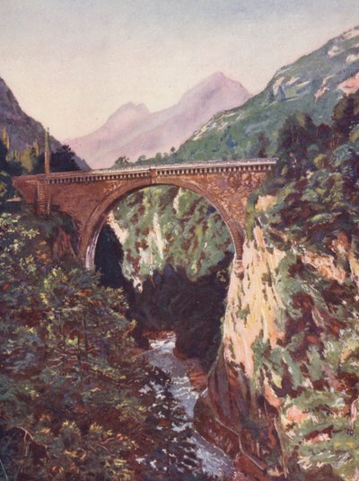 Frankreich: Le Pont Saint-Sauveur und der Gave de Pau (Farblithographie) von Auguste Gerardin