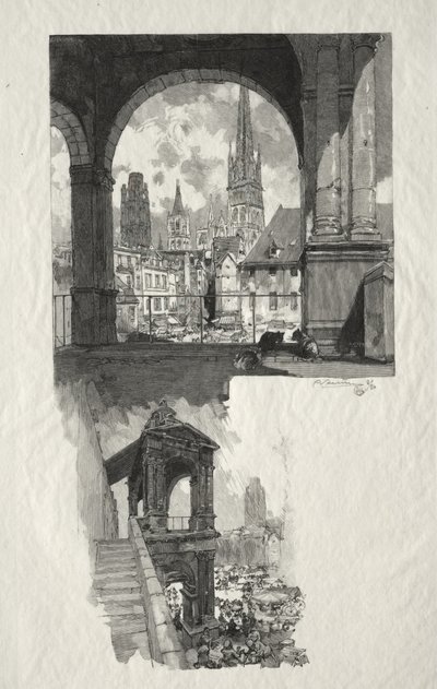 Rouen Illustré: Platz der Hohen Alten Turm; Edicule de la Fierte von Auguste Louis Lepère