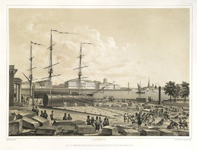 Entladen von zwei Säulen an der Admiralität Aus: Der Bau der Isaakskathedrale, 1845 von Auguste de Montferrand