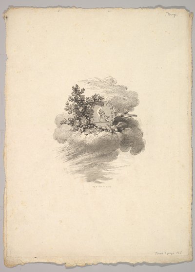 Vignette mit Münze auf einer Wolke mit Rosen links und Tauben unten und rechts von Augustin de Saint Aubin