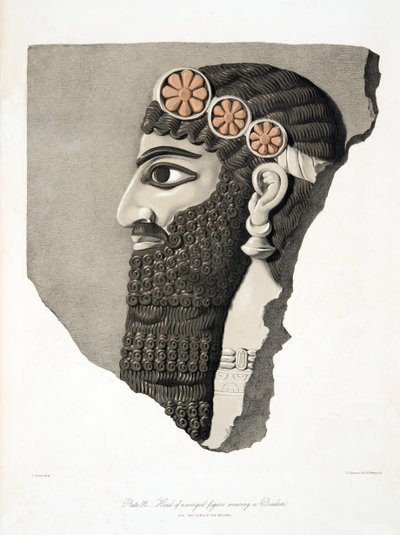 Kopf einer geflügelten Figur mit Diadem, aus Denkmäler von Ninive, veröffentlicht 1849 von Austen Henry Layard