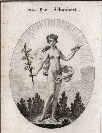 Allegorie der Schönheit. Der Zirkel ist das Emblem der Genauigkeit der Proportionen. Die Lilie ist das Symbol der Schönheit. Gravur in "Iconologie oder Ideen aus dem Gebiete der Leidenschaften und Allegorien bildlich dargestellt für Zeichner, Maler, Dichte von Austrian School