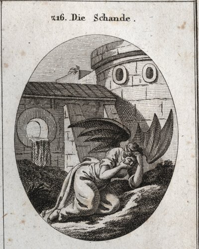 Allegorie der Schande, die das Gesicht mit den Händen bedeckt und deren Attribute zwei große schwarze Fledermausflügel sind. Gravur in „Iconologie oder Ideen aus dem Gebiete der Leidenschaften und Allegorien bildlich dargestellt für Zeichner, Maler, Dichte von Austrian School