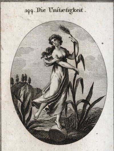 Allegorie der Instabilität, vom Wind aufgewühlt. Sie stützt sich mit beiden Händen auf ein zerbrechliches Schilfrohr und steht nur mit einem Fuß auf einem Ball. Gravur in „Iconologie oder Ideen aus dem Gebiete der Leidenschaften und Allegorien bildlich dar von Austrian School