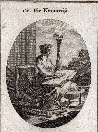 Allegorie des Wissens, basierend auf verschiedenen Bänden von Autoren mit einem Buch auf den Knien. Die Fackel verweist auf das Licht, das sie in die Seelen bringt. Gravur in „Iconologie oder Ideen aus dem Gebiete der Leidenschaften und Allegorien bildlich von Austrian School