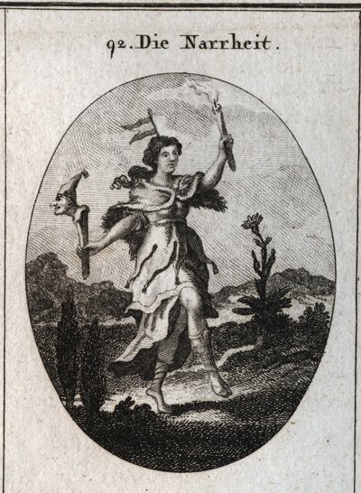 Allegorie des Wahnsinns. Der Bärenfellmantel begehrt den Wahnsinn, der Wut trägt, die Handlung des Tanzens betont diejenigen, die zur Fröhlichkeit neigen. Die Wetterfahne auf seinem Kopf markiert die Instabilität der Fantasien. Es kontrastiert das Licht ei von Austrian School