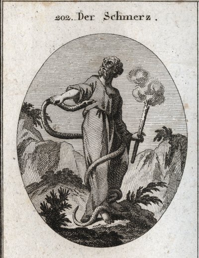 Allegorie des Schmerzes. Eine monströse Schlange umschlingt ihn, der, nachdem sie seine Füße gebunden hat, seinen Körper erklimmt und versucht, sein Herz zu beißen. Sie hält eine Fackel, die noch raucht, was bedeutet, dass der durch Schmerz verursachte Nie von Austrian School