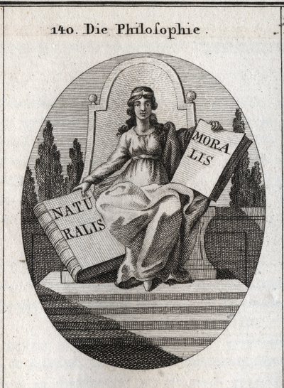 Allegorie der Philosophie, die auf einem Marmorthron über mehreren Stufen sitzt. Sie hat ein goldenes Diadem auf der Stirn und hält zwei offene Bücher „Naturalis“ (Natur) und „Moralis“ (Moral). Gravur in „Iconologie oder Ideen aus dem Gebiete der Leidensch von Austrian School