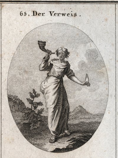 Allegorie der Zurechtweisung. Sie lernt, ein Buch zu schallen, das den unschönen Klang zurechtweisender Worte betont, die mit Vorsicht gehandhabt werden, wie die menschliche Zunge in der anderen Hand zeigt. Gravur in „Iconologie oder Ideen aus dem Gebiete  von Austrian School