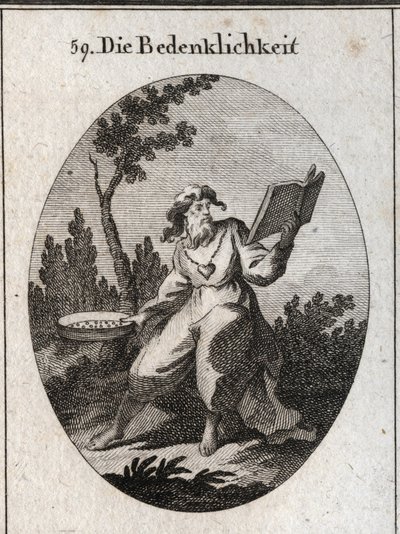 Allegorie der Skrupel, dargestellt durch einen alten Mann mit einer Goldkette, an der ein Herz als Emblem der Unschuld und des guten Rates befestigt ist. Er hält einen Kalender, den er sorgfältig betrachtet, und ein Sieb, das das Attribut der Unterscheidun von Austrian School