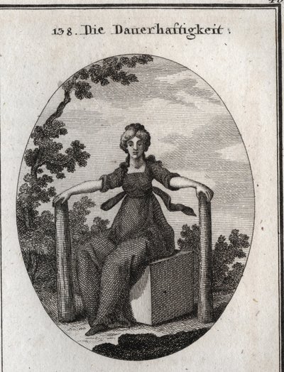 Allegorie der Stabilität, die auf einem Marmorkubus sitzt, mit zwei Lotpflanzen im Boden. Gravur in „Iconologie oder Ideen aus dem Gebiete der Leidenschaften und Allegorien bildlich dargestellt für Zeichner, Maler, Dichter, Gelehrte, Erzieher und Freunde H von Austrian School