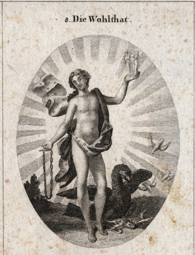 Allegorie des Segens, dargestellt von einem schönen jungen Mann mit lachendem Gesicht. Sein Gewand ist mit Sternen übersät und von Lichtstrahlen umgeben, mit einer Hand hält er die Gnaden und in der anderen eine Goldkette. Der Adler in seiner Nähe teilt se von Austrian School