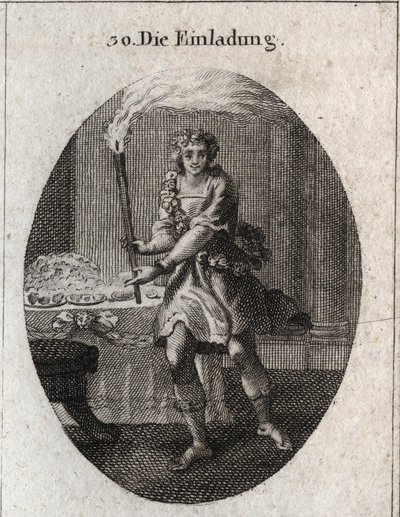 Allegorie der Einladung als junger Mann mit lachendem Gesicht, der zu einem mit Gerichten bedeckten Tisch einlädt. Die Fackel, die er hält, ist das Attribut von Comus, dem Gott der Feste und Nachtpartys. Gravur in „Iconologie oder Ideen aus dem Gebiete der von Austrian School