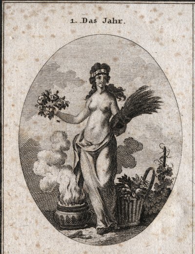 Allegorie des Jahres, umgeben von Symbolen der vier Jahreszeiten (Blumenkranz für den Frühling, Weizenkranz für den Sommer, Korb mit Trauben für den Herbst und Vase mit Feuer für den Winter). Das Jahr ist halb entkleidet in Bezug auf die Grade von Hitze un von Austrian School