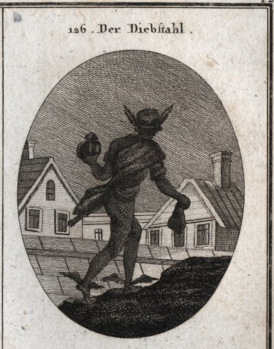 Allegorie des Diebstahls, dargestellt durch einen Mann, der in der Nacht mit einer tauben Laterne und einer Geldbörse in den Händen geht. Die Flügel an seinen Füßen zeigen, dass er bereit ist zu rennen. Gravur in „Iconologie oder Ideen aus dem Gebiete der  von Austrian School