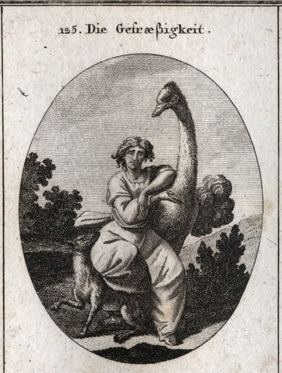 Allegorie der Gefräßigkeit. Der Strauß ist das Attribut der Gier, wir fügen einen mageren und hungrigen Wolf für eine größere Gefräßigkeit hinzu. Gravur in „Iconologie oder Ideen aus dem Gebiete der Leidenschaften und Allegorien bildlich dargestellt für Ze von Austrian School