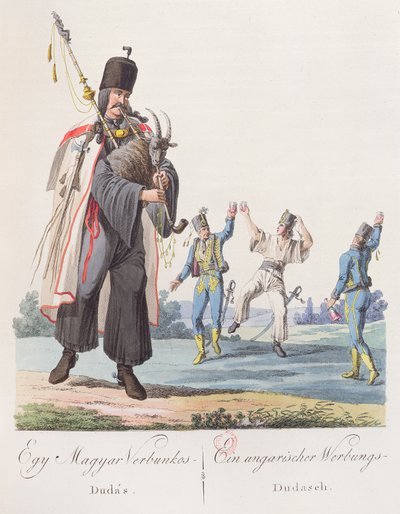 Soldaten eines ungarischen Regiments führen einen Rekrutierungstanz auf, Illustration aus einem Buch Costumes de Hongrie, veröffentlicht in Wien, 1810 von Austrian School