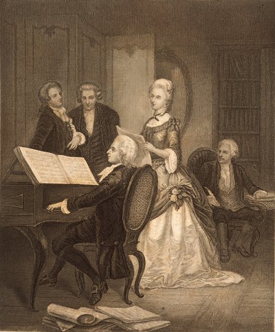 Wolfgang Amadeus Mozart begleitet Caterina Maddalena Giuseppa (Gravur) von Austrian School