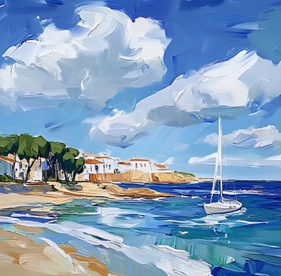Mediterraner Strand mit Segelboot von Avanesova Elena