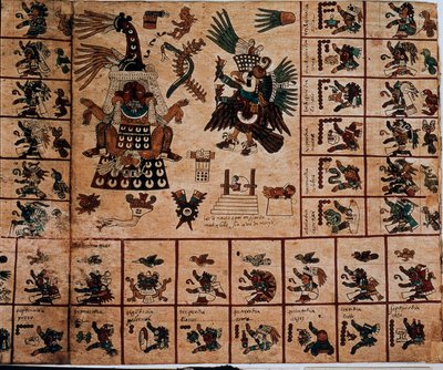 Darstellung aztekischer Gottheiten und Kästchen entsprechend dem Kalender. Seite des aztekischen Manuskripts auf Rindenpapier „Codex Borbonicus“, präkolumbianischer indigener Kodex aus Zentralmexiko, Ende des 15. Jahrhunderts. Bibliothek der Nationalversam von Aztec