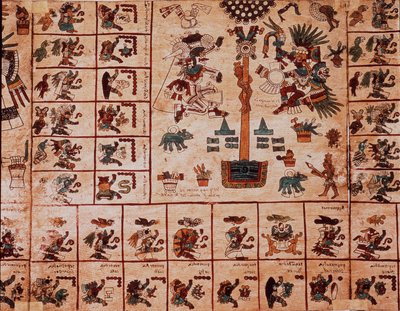 Darstellung aztekischer Gottheiten und Kästchen des Kalenders. Seite des aztekischen Manuskripts auf Rinde „Codex Borbonicus“, präkolumbianischer indigener Kodex aus Zentralmexiko, Ende des 15. Jahrhunderts. Bibliothek der Nationalversammlung (Palais Bourb von Aztec