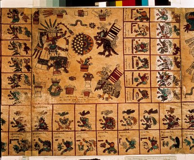 Darstellung aztekischer Gottheiten und Kästchen des Kalenders. Seite des aztekischen Manuskripts auf Rinde 
