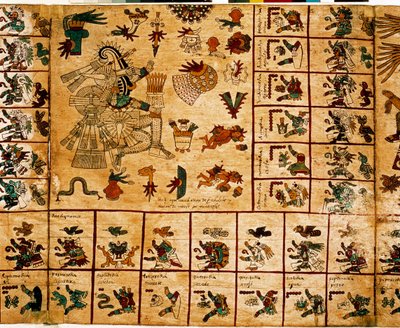 Darstellung aztekischer Gottheiten und Kalenderkästchen. Seite des aztekischen Manuskripts auf Rindenpapier „Codex Borbonicus“, präkolumbianischer indigener Kodex aus Zentralmexiko, Ende des 15. Jahrhunderts. Bibliothek der Nationalversammlung (Palais Bour von Aztec