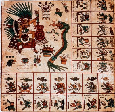 Darstellung von Quetzalcoatl und Tezcatlipoca, aztekische Gottheiten und Kästchen des Kalenders. Seite des aztekischen Manuskripts auf Rinde 