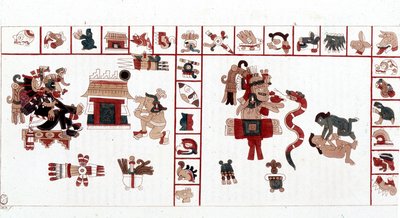 Der aztekische Gott Cihuacohuatl dargestellt in einem hieroglyphischen Manuskript, Piktogramme von Aztec Aztec