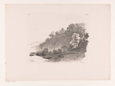 Hügellandschaft mit Fluss, Landstraße und Häusern von Barend Cornelis Koekkoek