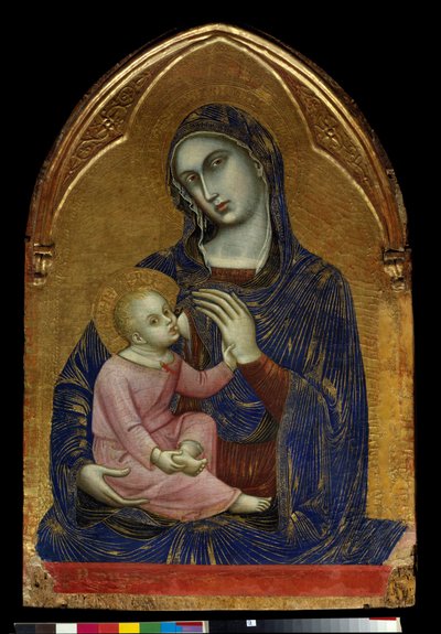 Die Jungfrau und das Kind. Maria stillt Jesus Christus, der eine Korallenkette trägt von Barnaba da Modena