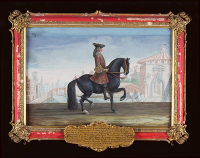 Le Superbe, ein Pferd der Spanischen Hofreitschule bei einer Dressurbewegung namens Piaffe von Baron Reis Eisenberg