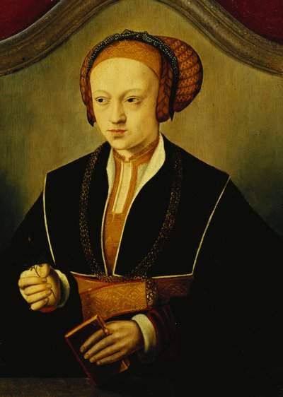 Porträt einer Dame, angeblich Prinzessin Sybille von Cleve, halblang, in einem schwarzen Kostüm, Goldkette und aufwendigem Kopfschmuck, ein Buch und eine Rosenknospe haltend von Bartholomaeus Bruyn