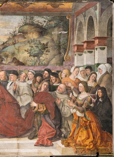 Kardinal Guido von Monfort öffnet den Schrein des Heiligen, Schule des Heiligen, (Detail) von Bartolomeo Montagna