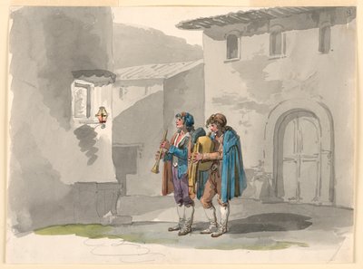 Zeichnung, Pifferari, Zwei Pfeifer aus den Abruzzen in Rom, 1807–08 von Bartolomeo Pinelli