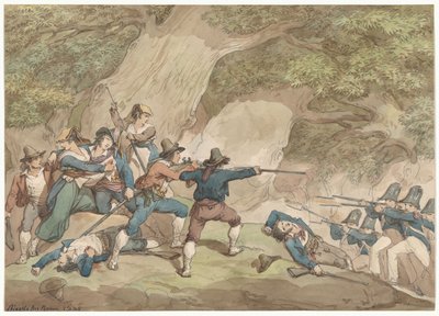 Gendarmen des Königreichs Neapel kämpfen gegen die Kalabresen, Illustration für römische Kostüme und Bräuche von Bartolomeo Pinelli