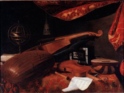 Stillleben mit Musikinstrumenten (Violine, Laute und Spinett und Armillarsphäre) - Gemälde von Bartolomeo Bettera, ca. 1660 von Bartolommeo Bettera