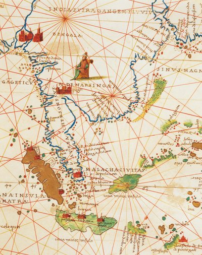 Der Indische Ozean und Teile Asiens und Afrikas: Malaysia und Inseln Java und Sumatra, aus dem Atlas der Welt in dreiunddreißig Karten, von Battista Agnese von Battista Agnese