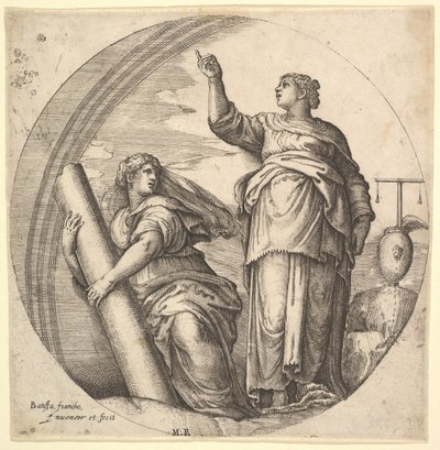 Stärke und Gerechtigkeit, eine allegorische Komposition im runden Format, ca. 1530-61 von Battista Franco Veneziano