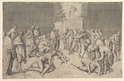 Die Philister stellen die Bundeslade in den Tempel Dagons, ca. 1540 von Battista Franco Veneziano