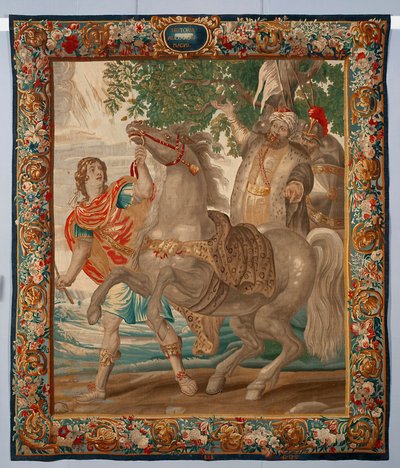 Alexander der Große zähmt das Pferd Bucephalos. Wandteppich aus den Manufakturen von Brüssel. 16. Jahrhundert Genua, Musei di Strada Nuova von Belgian School