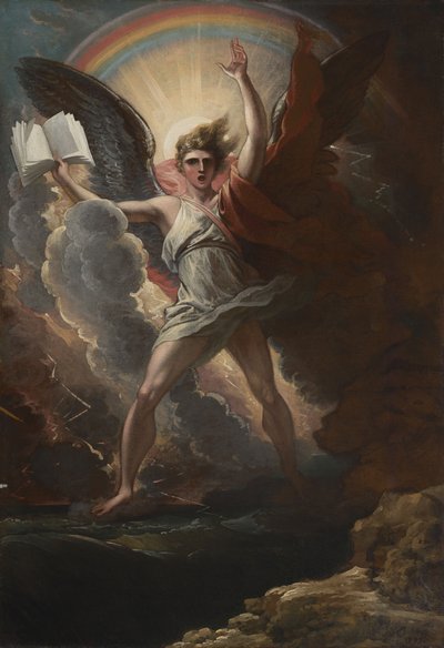 Ein mächtiger Engel steht auf dem Land und auf dem Meer von Benjamin West