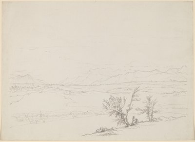 Alpenlandschaft mit einem Paar, das bei Bäumen sitzt und ein Tal überblickt von Benjamin West