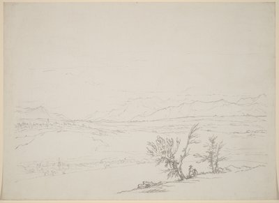 Eine Alpenlandschaft mit einem Paar, das von Bäumen aus ins Tal blickt von Benjamin West