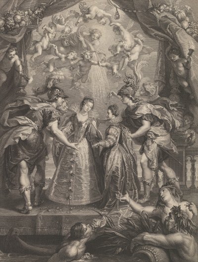 Tafel 17: Der Austausch der beiden Prinzessinnen in Hendaye, allegorische Szene mit Anne von Benoit Audran I