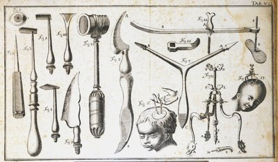 Chirurgische Tafel, die verschiedene Arten von chirurgischen Instrumenten, Hammer, Muschel, Messer zur Entfernung des Gehirns darstellt. Gravur von Benoit Louis Prevost (1735-1809) 18. Jahrhundert von Benoit Louis Prevost