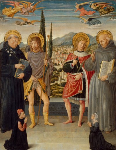 Heilige Nikolaus von Tolentino, Rochus, Sebastian und Bernhardin von Siena..., 1481 von Benozzo Gozzoli