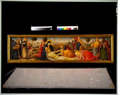 Predella-Panel - Klage mit zwei männlichen Heiligen, die zwei männliche Dämonen einführen von Benozzo di Lese di Sandro Gozzoli