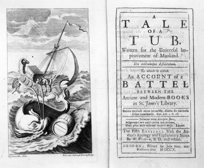 Frontispiz und Titelseite zu A Tale of a Tub von Jonathan Swift, graviert von John Sturt, 1704 von Bernard II Lens