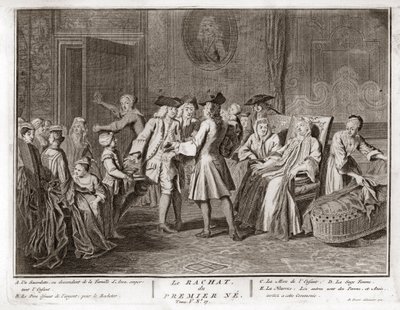 Judentum: die Tradition der Erlösung des erstgeborenen Sohnes, eine Mitzwa im Judentum, bei der ein jüdischer Erstgeborener durch Silbermünzen aus seinem Geburtszustand der Heiligkeit erlöst wird) Gravur aus "Illustration der Zeremonien und religiösen Bräu von Bernard Picart